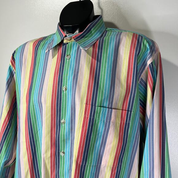 Paul Fredrick Rainbow Stripe Cotton Button Up Shirt Long Sleeves - Picture 2 of 8